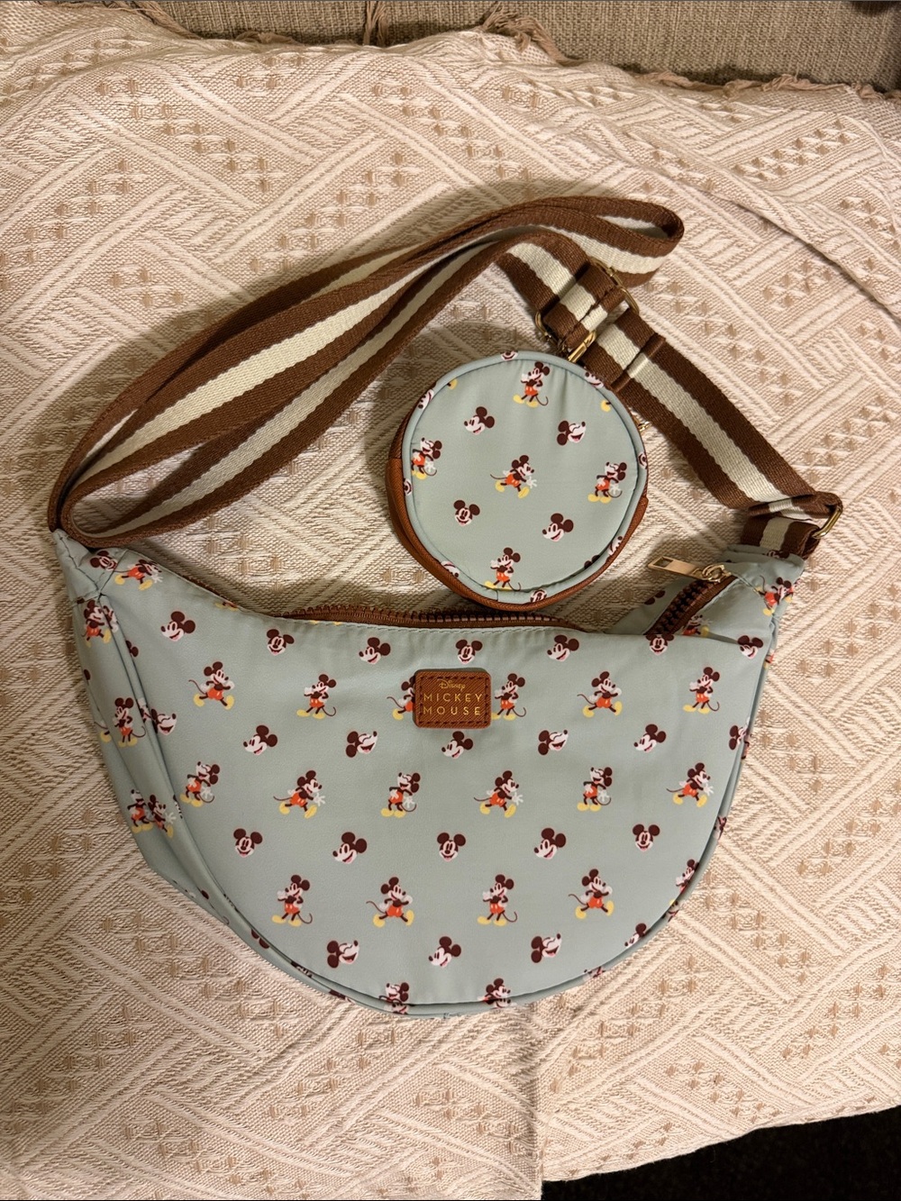 Disney Light Blue Mickey Print Crossbody Bag with Brown Trim